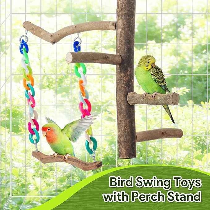 Bird Toys, Bird Swing Toys with Perch Stand, Cage Accessories for Budgies, Parakeets, Cockatiels & Other Small Birds
