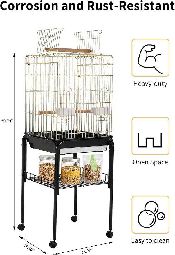 Garvee Bird Cage, 57‘’H Open-Top Durable Bird Cage w/Rolling Stand, Removable Tray, Extra Storage Stand, Brakable Casters,Large Dorr for Access, Indoor& Outdoor Use for Birds
