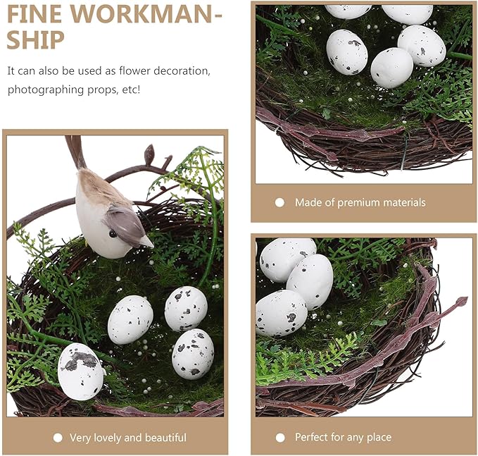 NUOBESTY 1 Set Artificial Bird Nest with 5 Simulation Eggs, Decorative Rattan Nest Ornament for Garden Patio Balcony Home Crafting