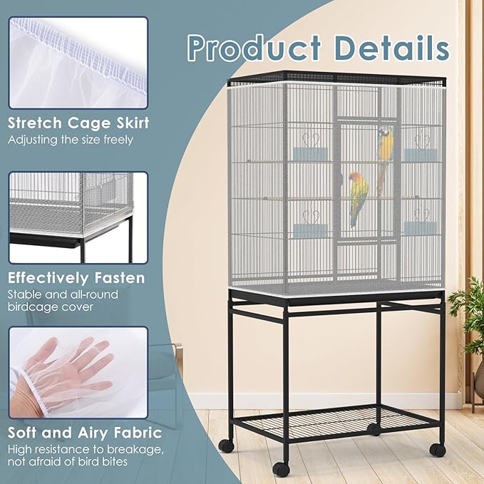 Bissap Bird Cage Seed Catcher, 90-118‘’ Universal Birdcage Net Nylon 31.8'' H Adjustable Elastic Band Stretchy Skirts Mesh Cover for Parrot Cage Seed Guard (Not Include Birdcage)- White