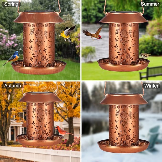 Solar Bird Feeder for Outdoors Hanging,Solar Lanterns Outdoor Waterproof Hanging Garden Decor,Metal Wild Bird Feeders Decoration Outside Birthday Gifts for Women and Mom(Sunflower)…