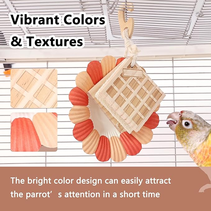 Parrot Chew Toys Set - Natural Wood & Loofah Toys with Plant-Based Dyes, 3 Pack Bird Chew Toys for Cockatiels, Conures & Small Parrots for Cage Enrichment (3 Pieces ofcolor Series)