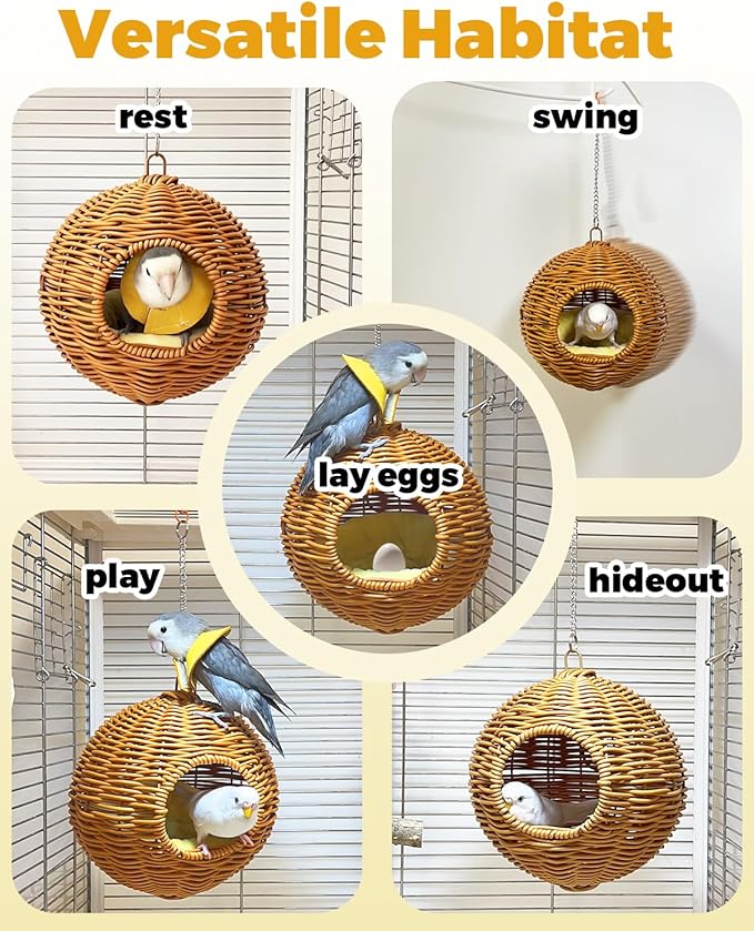 Chewproof Steel Frame Bird Nest for Cage, Washable Small Bird Bed Hammock Hideout Lay Eggs Parakeet Nest Sleep, Parakeet Warm Bed House Hut for Lovebird, Canary, Budgie