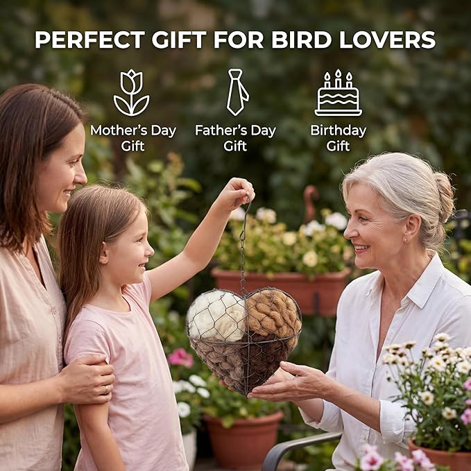 Tiezzi Handmade Alpaca Fiber Bird Nesting Heart, Refillable Bird Nesting Material Holder for Wild Birds & Hummingbirds, Outdoor Garden Decor Gift for Bird Lovers