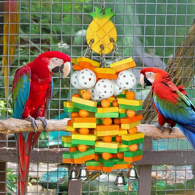 Large Wooden Bird Toys for Parrots, Cockatoos, Cockatiels, and Parakeets, Safe and Durable Shredding Cage Toy for Engaging Play (Pineapple)