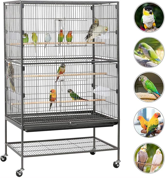 Costoffs 132cm Extra Large Rolling Metal Bird Cage Parrot Cage for Lovebird Cockatoo Conure with 3 Perches/4 Feeders/Extra Storage Shelf Black