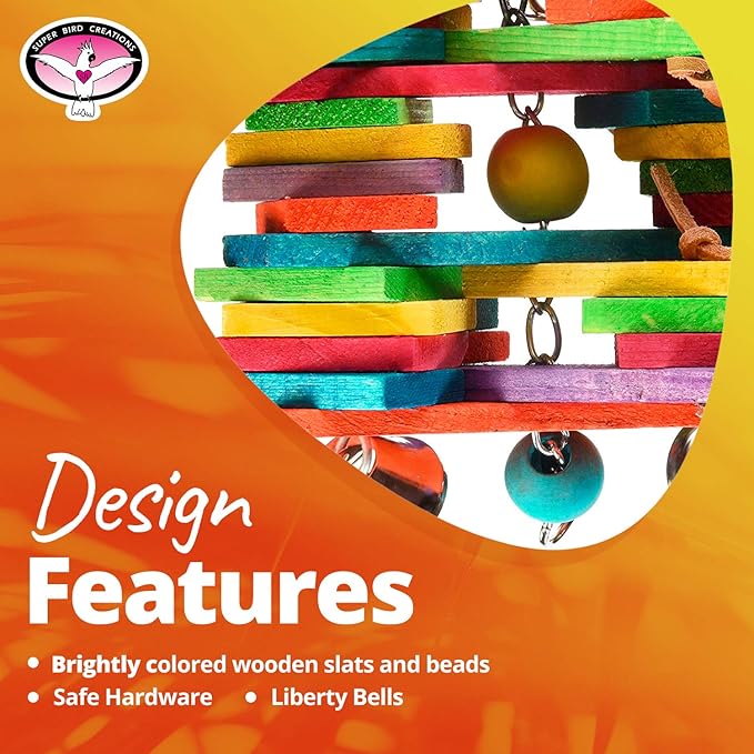 Super Bird Creations SB399 Woodpile Bird Toy - Vibrant Bird Toys for Mini Macaws, African Greys, Small Cockatoos, Parrots - Enriching Bird Toy with Chewable Elements - Large to XL Bird Size