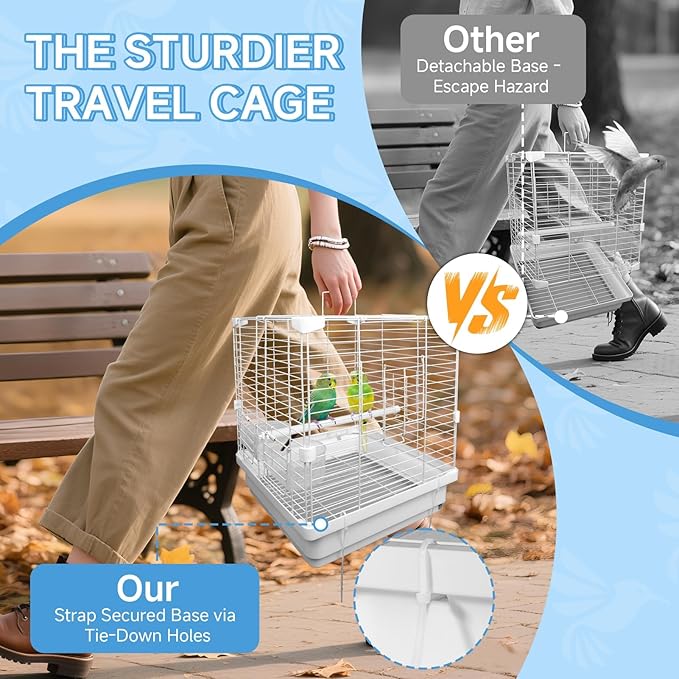 Small Bird Cage - 14x14x17.5 in Lightweight Travel Outdoor Birdcage for Parakeets, Budgies & Canaries and More Small Birds, Bird Carrier with Handle, Stand, Removable Tray, Portable for Hanging, White