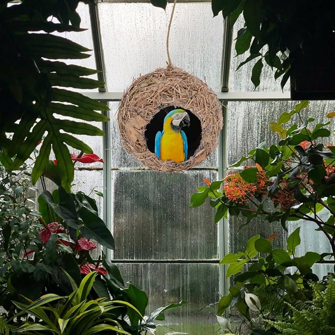 BESPORTBLE Hanging Straw Bird Nest, Outdoor Decorative Birdhouse for Garden, Micro Landscape Adornment, Safe Shelter for Birds, Coffee, 3.93 X 3.93 X 3.54 Inches