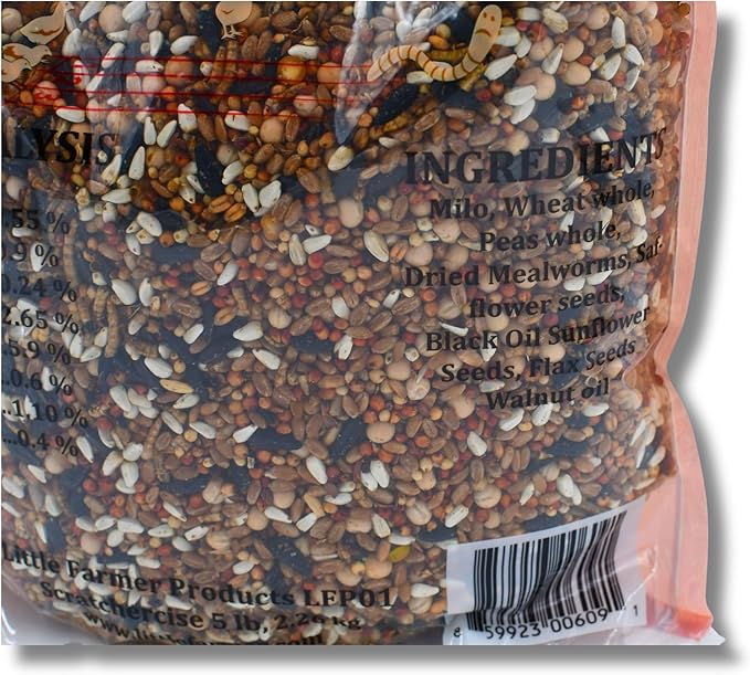 SCRATCHERCISE Premium Chicken Poultry Free-Range Scratch Treat Mix | Wheat, Milo, Peas, Sunflower, Safflower, Flax, Mealworms (5 lbs)