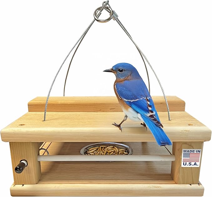 DutchCrafters Cedar Wood Covered Hanging Bluebird Feeder for Mealworms with Food Cup, Enclosed Wooden Dried Mealworm Feeder for Bluebirds for Outdoors