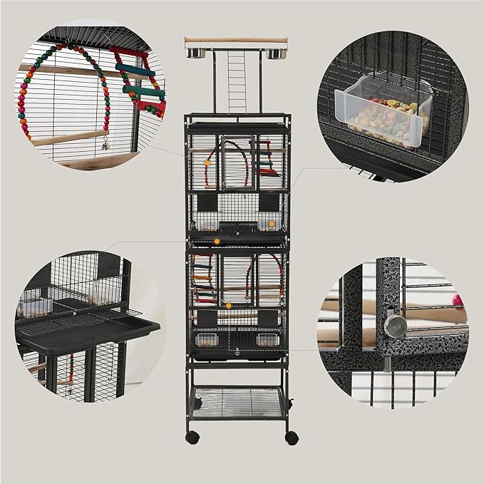 68" Double Bird Cage,Stackable Divided Parakeet Cage, Parrot Cages for Medium Birds with Bird cage Toys,Birdcage Seed Catcher,for Cockatiels Canaries Lovebirds Finches Budgies Small Parrots