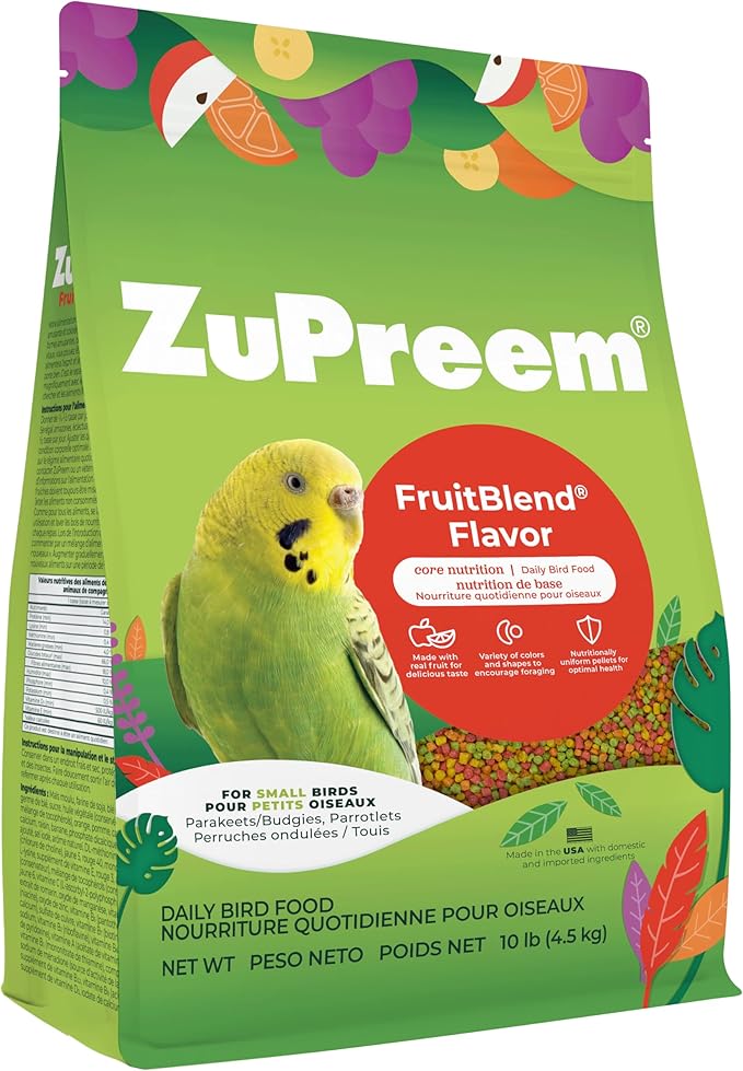 ZuPreem FruitBlend Bird Food, Bird Feed Pellets for Parakeets, Budgies, Parrotlets & Doves, ZuPreem Core Nutrition with Natural Fruit, Parakeet Food, Budgie Feed, Made in USA, (Small, 10 lb Bag)