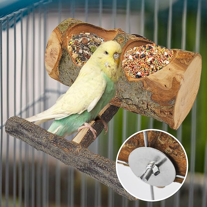 Wooden Bird Feeding Dish Cups Perch Stand Hanging Feeder Solid Wood Parrot Feeding Bowl for Parakeets Conures Cockatiels Budgie Parrot