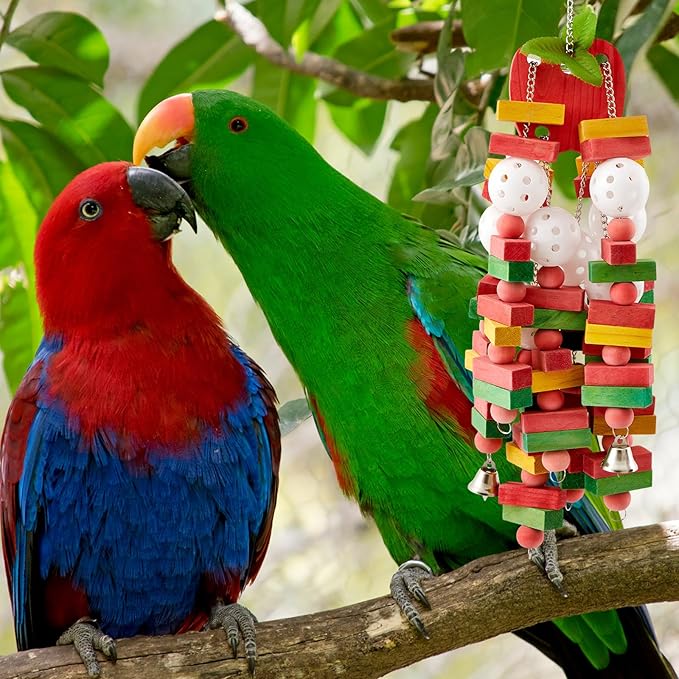 Seenelling 4 Pcs Extra Large Bird Parrot Toy Multicolored Natural Wooden Parrot Cage Chewing Toys for Large Medium Macaws Cockatoos African Grey Birds (Block and Ball)