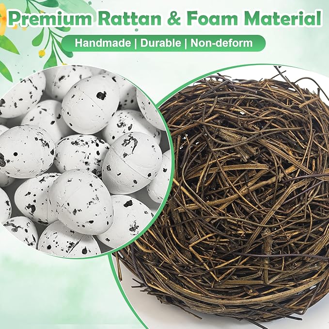60 Pcs Artificial Rattan Birds Nest with Eggs for Crafts, Mini Faux Bird Nest for Easter Home Garden Decor Wedding Party(20 Pcs Mixed Small Size Nest & 40 Pcs Eggs)