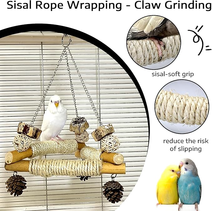 Bird Swing for Cage with Chew Toys, 3 Sisal-Wrapped Parrot Perches & Stable Triangle Design, Wooden Hanging Parakeet Toys Swing for Cockatiel Lovebirds Conures Quaker Balance Training (S)
