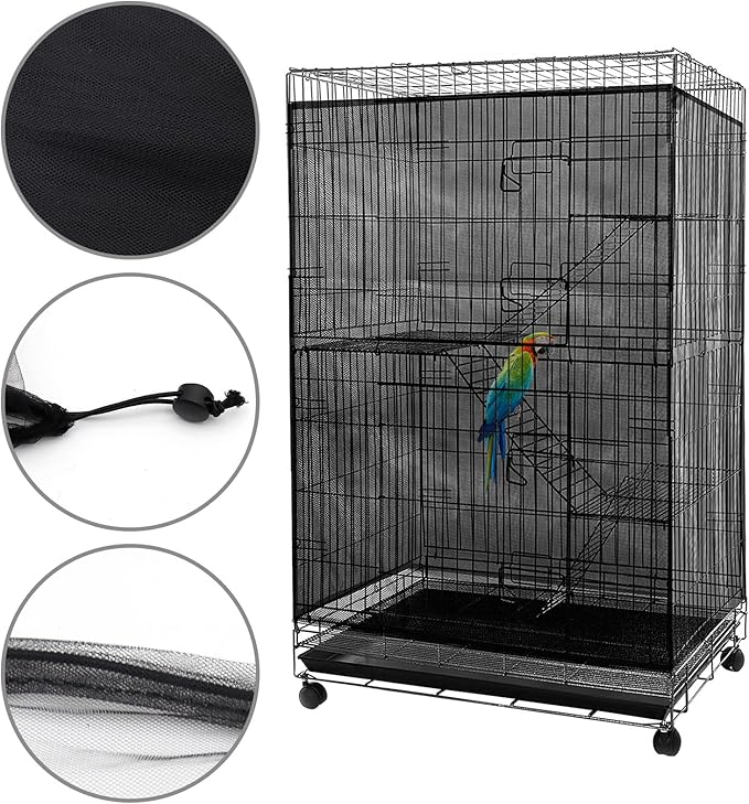Adjustable Birdcage Seed Feather Catcher Bird Cage Net Cover Soft Skirt Guard Birdcage Nylon Mesh Netting for Parrot (118 x 39.4 Inch) (Black)