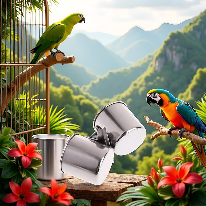 Silver Parrot Feeding Cups Hanging Pet Animal Stainless Steel cage Bowls Bowls for Cage Parakeet Bird Cage Accessories Suitable Small and Medium Bird Pet Supplies