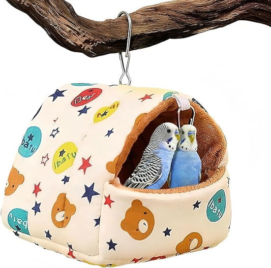 Warm Bird Nest House Plush Birds Hut Bed Hanging Hammock Sleeping Bed Bird Snuggle Cave Hanging Tent for Parrot Parakeet Cockatiel Conure African Grey Macaw-Bear