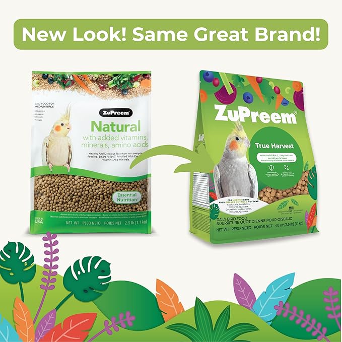 ZuPreem True Harvest Cockatiel Pellets - Natural Bird Food for Cockatiels, Medium Bird Pellet Diet for Quakers, Lovebirds, Small Conures, 2.5 lb (Pack of 2)