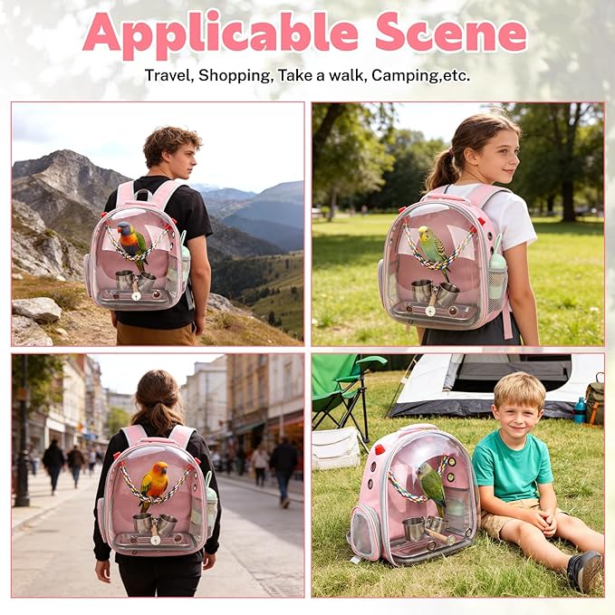 Rypet Bird Carrier Backpack Parrot Portable Breathable Bag Pet Bird Lightweight Travel Cage with Standing Perch and Stainless Steel Tray（Pink）