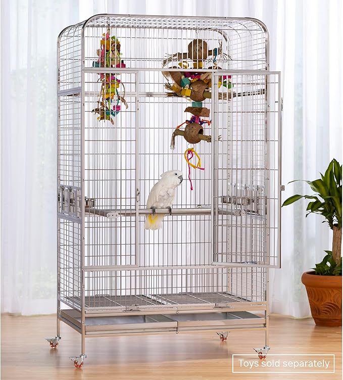 Prevue Pet Products Imperial Extra Large Stainless Bird Cage - Big Birdcage Ideal for Parrots, Cockatoos, Macaws, Included Perch and Cups, Durable Cage with Wheels - Gray, Extra Large