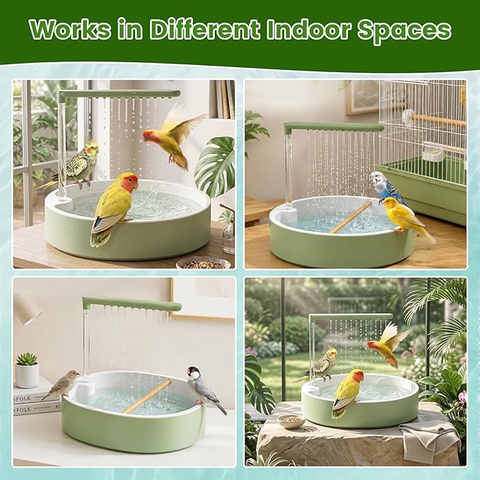 Bird Shower Bath Set for Budgies, Cockatiels & Small Parrots, Indoor Bird Bath Shower with Waterproof Splash Mat, Bird Perch Stand and Bath Accessories