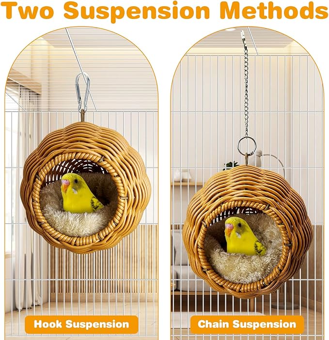 Rattan Birds Nest for Cage Hanging Parakeet House Chewproof Parrot Breeding Bed Small Budgies Hideout Swing Hut Bird Cage Accessories for Lovebirds Cockatiel Conure Finch Canary (Brown)