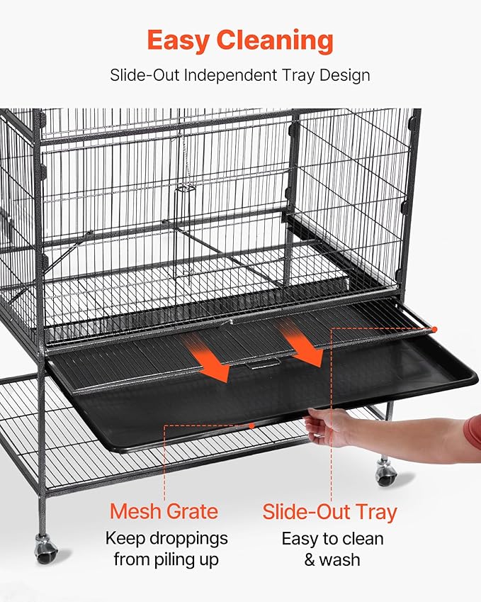 VEVOR Bird Cage, 31.5 x 20.5 x 52 inch, Flat Top, Wrought Iron Bird Flight Cage with Perches, Slide-Out Tray and Plastic Feeders, Casters, for Parrot, Blue Tit, Cockatiel, Canary, and Monk Parakeet