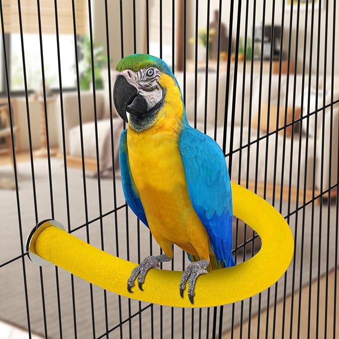 Rypet U Shape Parrot Perch Stand Toy for Paw Grinding Clean Stick Exercise, Rough-Surfaced Quartz Bird Perch Standing Cage Accessories for for Small Parakeets Cockatiels Conures Macaws (Yellow L)
