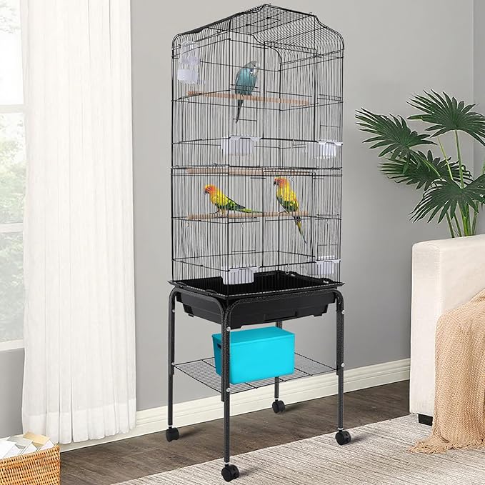 Large Bird Cage with Stand & Wheels, Freestanding Parakeet Birdcage with Feeding Bowls & Waterer, 54 Inch Bird Flight Cages for Parrot Canaries Cockatiels Budgie Parrotlet (Black)