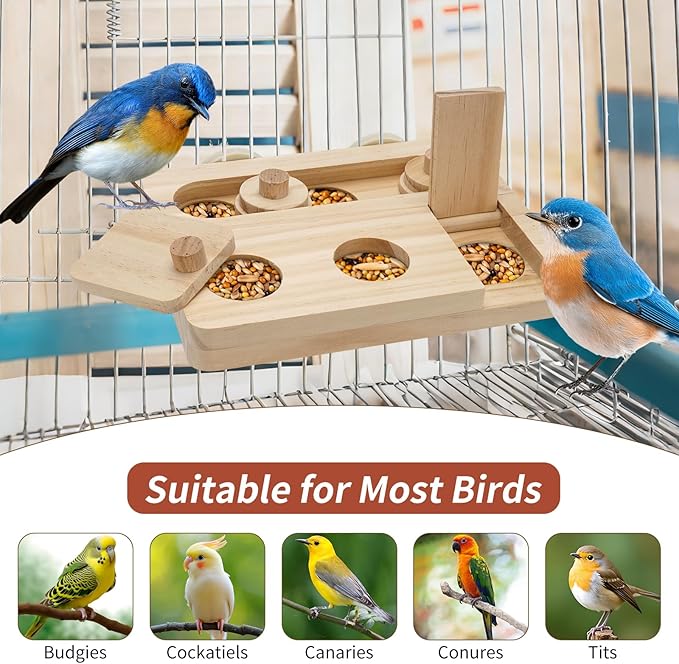 Wooden Bird Foraging Puzzle Toys for Small Parrots, Foraging Toys for Birds, Interactive Mental Enrichment and Seed Feeder Toy for Budgies, Parrotlets, Cage Foraging Training Toy (7.2" x 5.4" x 1.3")