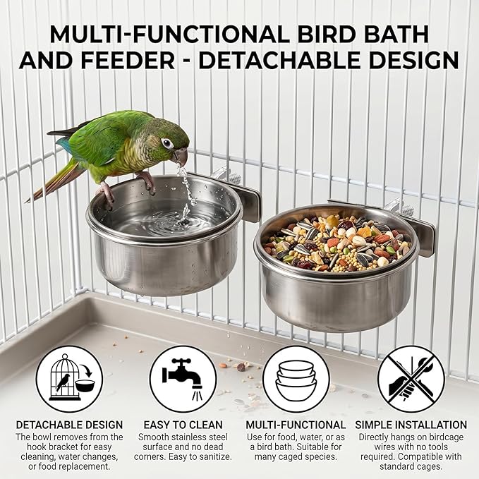 Okllen 4 Pack Bird Feeding Dish Cups, Detachable Stainless Steel Bird Food Bowls with Clamp for Chinchilla Parrot Cockatiel Conure Budgies Parakeet Small Animal