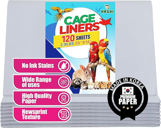 HA SHI Bird Cage Liners, 120 Disposable Newsprint Sheets, Unscented Paper for Pet Enclosures, Packing and Crafts (Standard (20" x 18"))