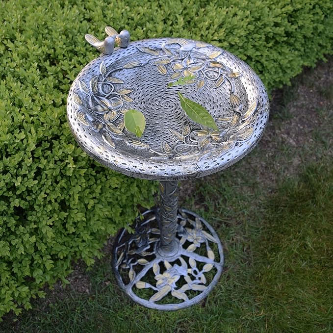 Oakland Living 5131AP Antique Pewter Hummingbird Design Aluminum Birdbath, Silver