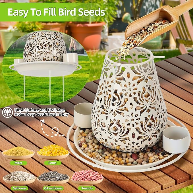 Mushroom Solar Bird Feeders for Outdoors Hanging Metal Wild Bird Feeder with S Hook for Garden Decoration Yellow