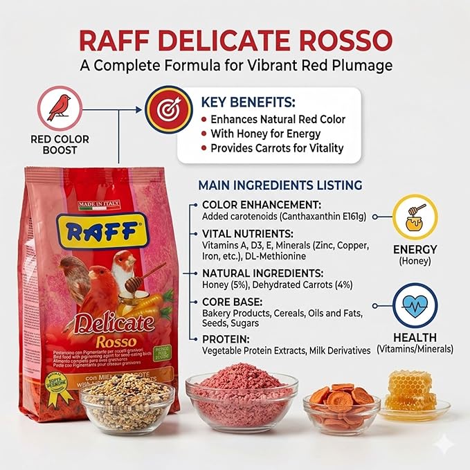 Raff Delicate Rosso 500g – Red Canary Food Enriched with Honey and Carrots – Specialized Red Factor Formula for Seed-Eating Birds Seeking Vibrant Plumage and Optimal Health