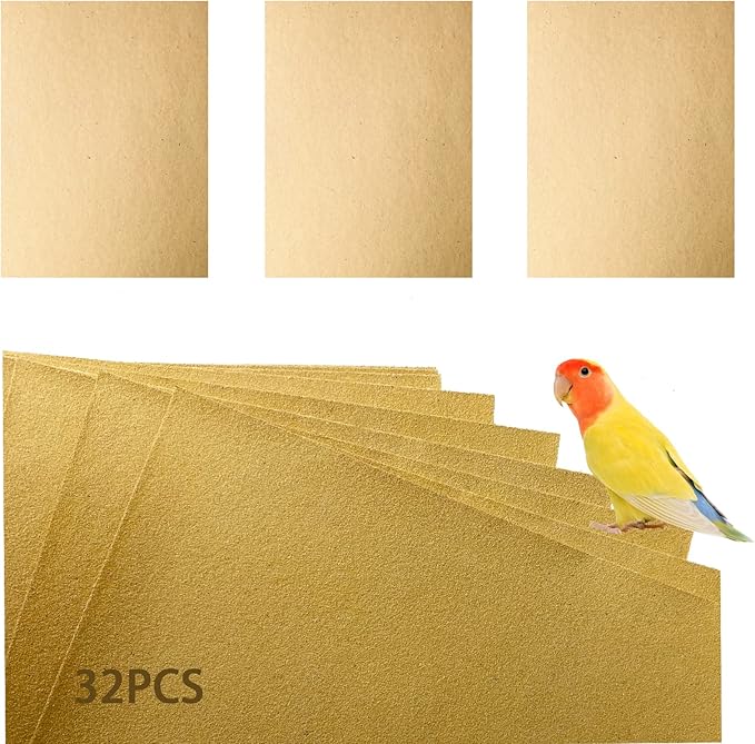 Hamiledyi Bird Gravel Paper, Special Sea Sand Liner for Page, Parrot Cage Gravel Paper Mat, 17x11 Inch Disposable Cushion Pads for Bird Parakeet Budgie 32PCS