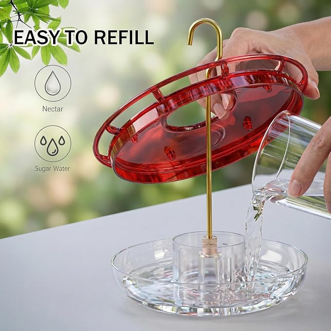 eWonLife Clear Ruby Hummingbird Feeders for Outdoors, 2 Pack 16OZ Leak Proof Saucer Humming Bird Feeder with Integrated Ant Moat, Bee Proof 5 Feeding Ports, Brush, Hanging Garden Decor for Mom