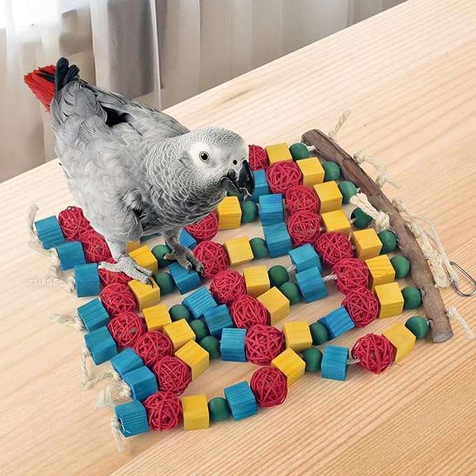 DBNESS Large Parrot Toys, 17.7 inch Multicolored Natural Wooden Blocks Beads Rattan Balls, Bird Chew and Hanging Tearing Toys for Large Medium Birds Macaws African Grey Cockatoos Amazon Parrots