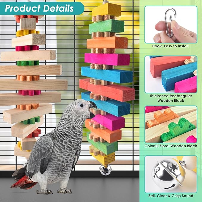 DBNESS 16.54in Extra Large Bird Toys for Parrot, 2 Pcs Colorful Natural Wood Block Chew Tearing Toy with Bell for Macaws, African Greys, Amazon Parrots, Eclectus, Cockatoo