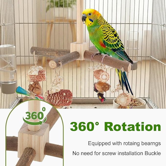 Rotating Bird Perches, Natural Wooden Perch with Chew Toy, Bird Toys for Small & Medium Birds, Large, Natural Wood Color, 1 Set