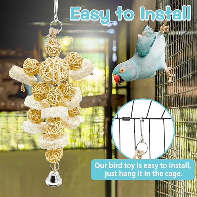Hamiledyi Bird Toys Foraging Star Bird Chew Toy Super Shredder Ball Will Keep Birds Busy Foraging for Hidden Treasures Parrot Cage Toys Cages Shredder Cockatiel Conure (1 x Rattan Chew Ball String)