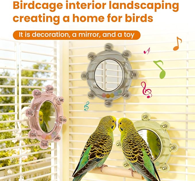 Bird Mirror Toys for Cage,Parakeet Rotating Sound Wheel Toy,Budgie Training Colorful Interactive Chew Toys for Canaries Lovebirds Conures Cockatiels cage Accessories (2, Green)