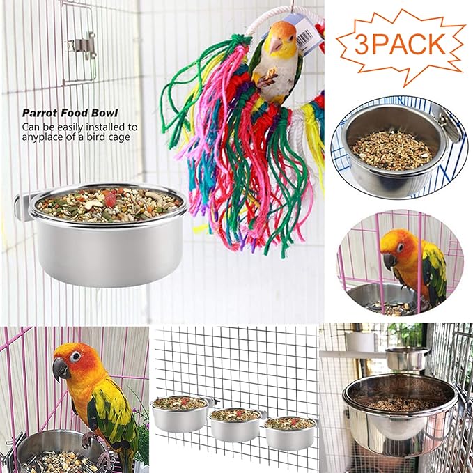 PINVNBY Parrot Feeding Dish Cups,Stainless Stee Bird Feeder Birds Food Water Bowls with Clamp Holder,Parakeet Cage Dish Perch Stand Toys(3 Pcs)