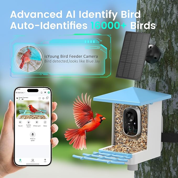 Smart Bird Feeder with Camera, AI Auto-Capture & Motion Detection, 5W Solar Panel, 170° View, Identify 16,000+ Birds, 2K HD Video, Ideal Gift for Outdoor Bird Watching(Blue)
