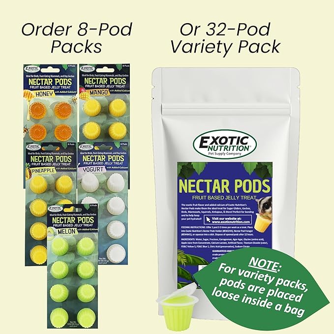Nectar Pods (Honey) - Calcium-Fortified Jelly Fruit Treat - Sugar Gliders, Marmosets, Squirrels, Parrots, Cockatiels, Parakeets, Lovebirds, Conures, Hamsters, Geckos, Kinkajous & Other Small Pets…