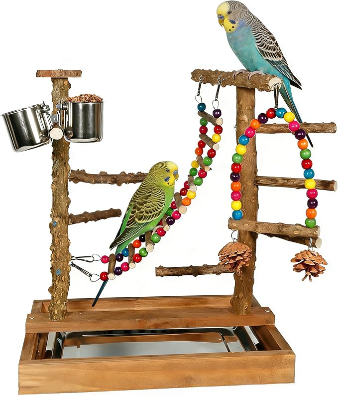 Wooden Bird Play Stand Parrots Playground Perch Stand with Bird Ladder Chewing Toys and 2 Stainless Steel Cups (Brown)
