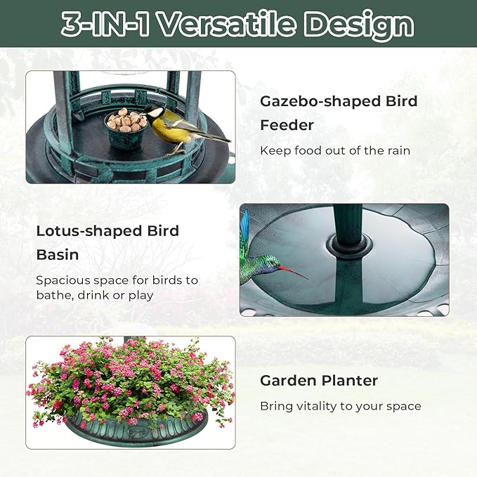 Giantex 42 inch Bird Bath Solar Lighted, Pedestal Bird Bath with Bird Feeder, Flower Planter Base, Solar Powered Lamp, 3 Ground Stakes, Standing Birdbath for Outside Garden Yard Outdoor (Green)